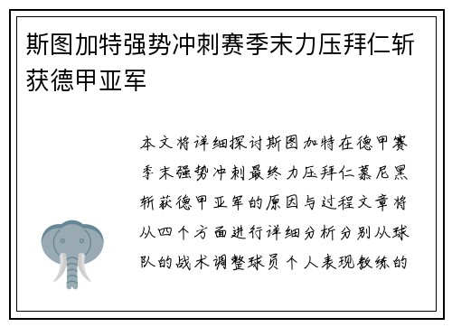 斯图加特强势冲刺赛季末力压拜仁斩获德甲亚军